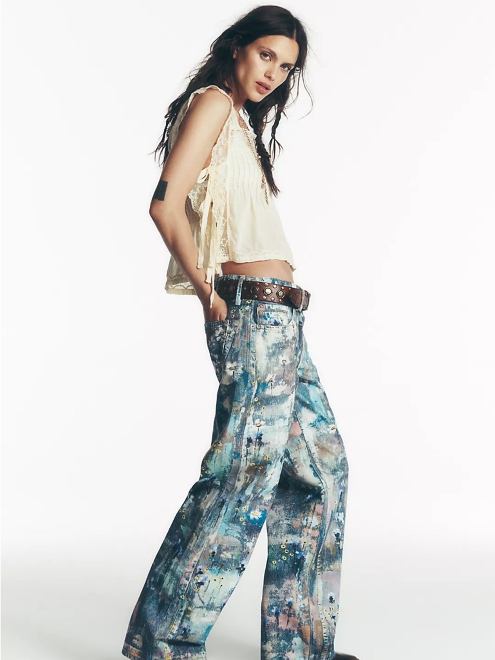 Free People Blue Multi Paint-Splatter Straight Leg Jeans